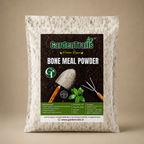 Package of Garden Trails Bone Meal Powder on a textured surface with a brown background