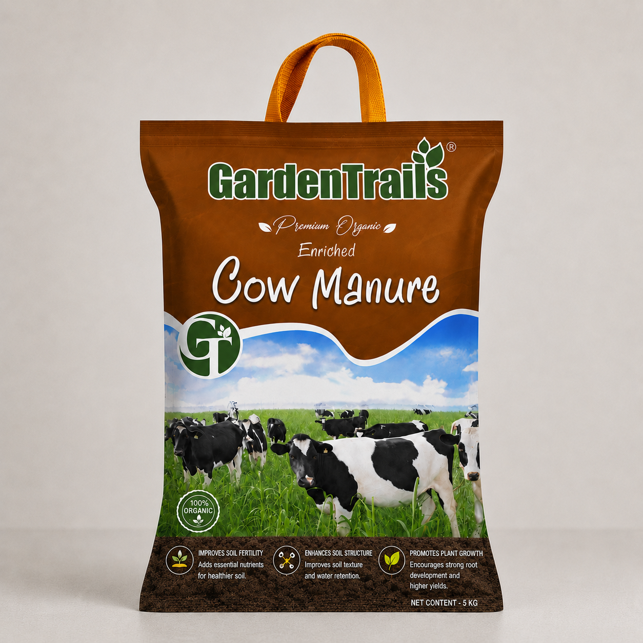 Bag of Garden Trails Cow Manure with cows in a field on the label