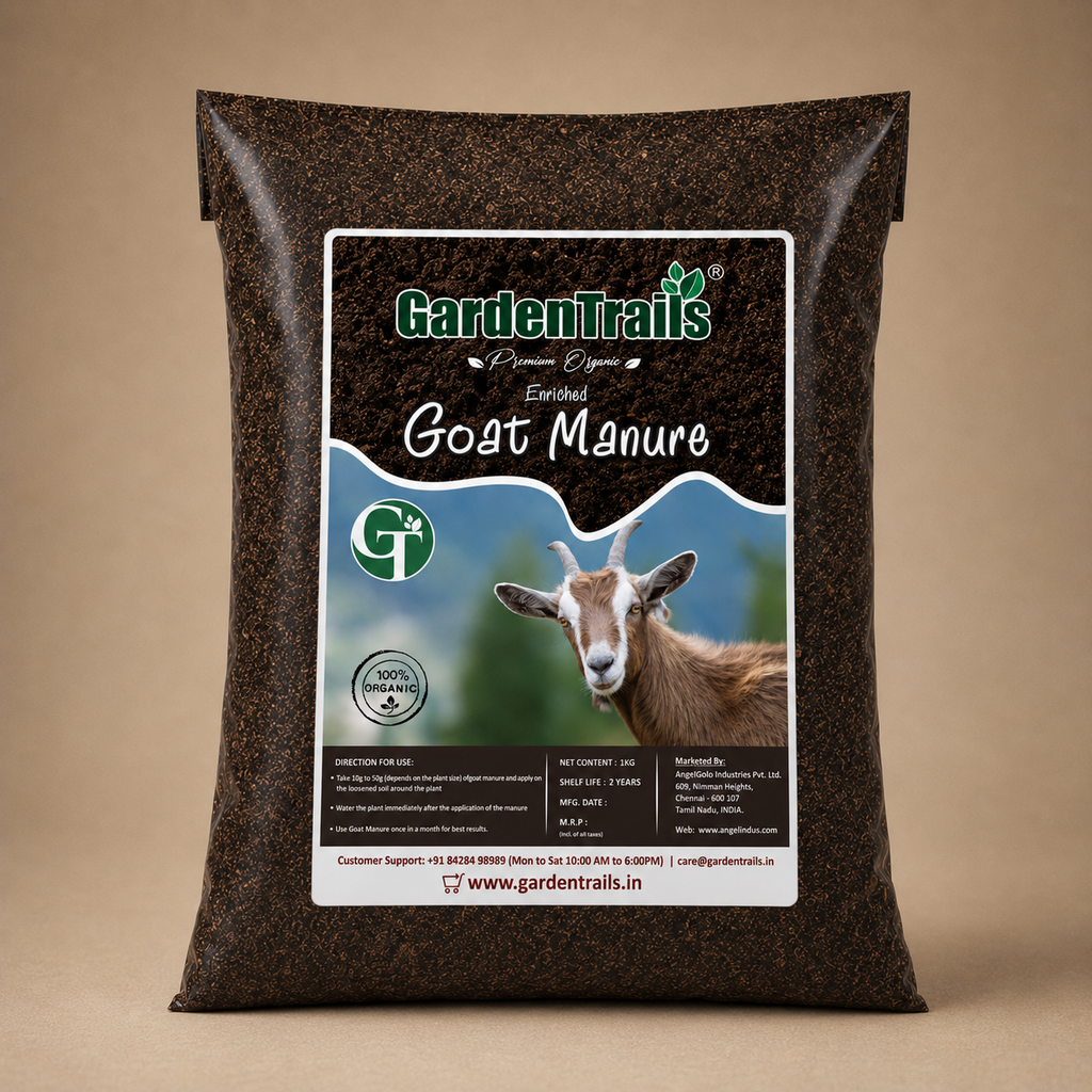 Bag of Garden Trails Enriched Goat Manure with a goat on the label against a beige background