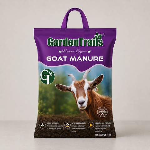 Bag of Garden Trails Goat Manure with a goat on the label against a light gray background