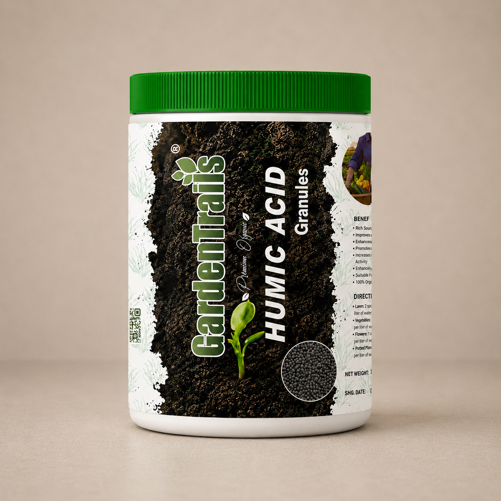 Container of Garden Trails Humic Acid Granules on a beige background
