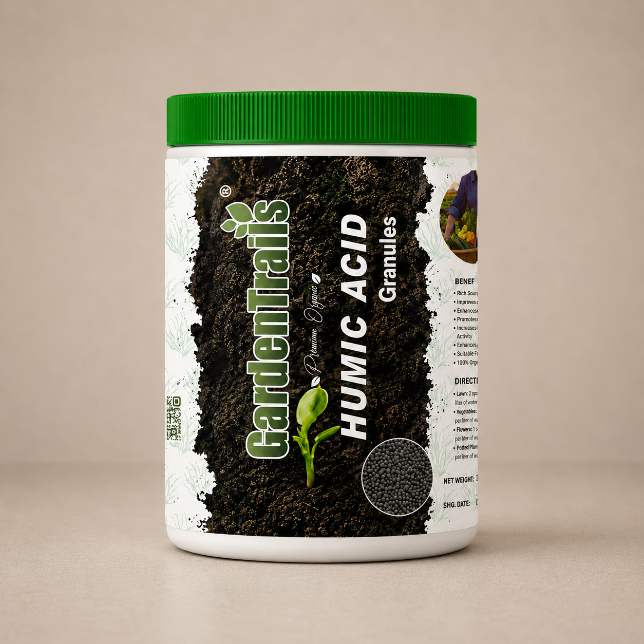 Container of Garden Trails Humic Acid Granules on a beige background
