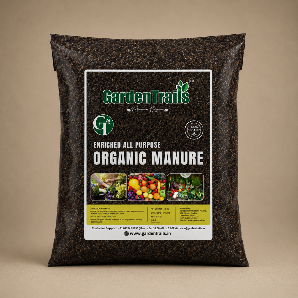 Bag of Garden Trails organic manure on a beige background
