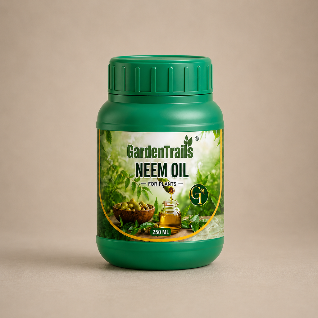Green jar of GardenTrails Neem Oil for plants on a beige background