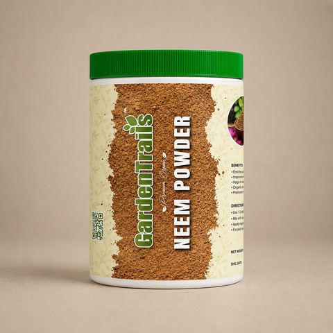 Jar of Gardenia's Neem Powder on a beige background