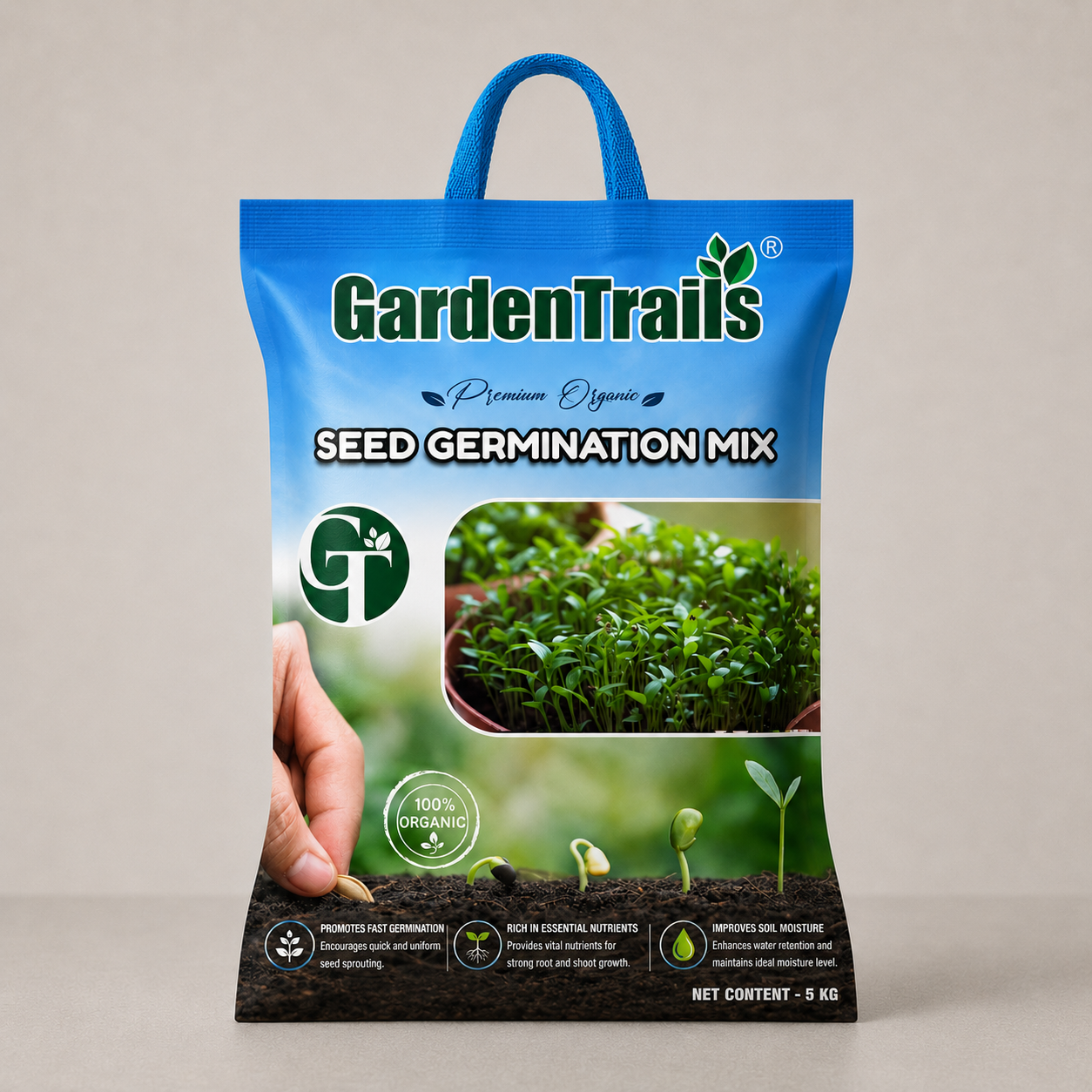 Garden Trails seed germination mix packaging on a neutral background