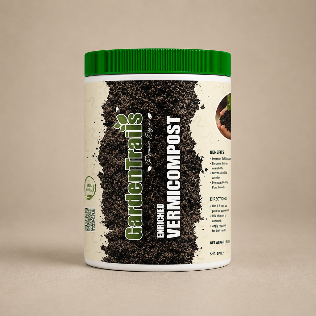 Container of Gardenia's Enriched Vermicompost on a beige background