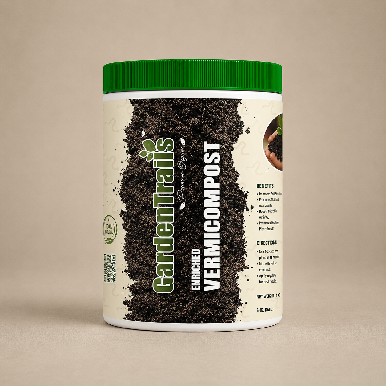 Container of Gardenia's Enriched Vermicompost on a beige background