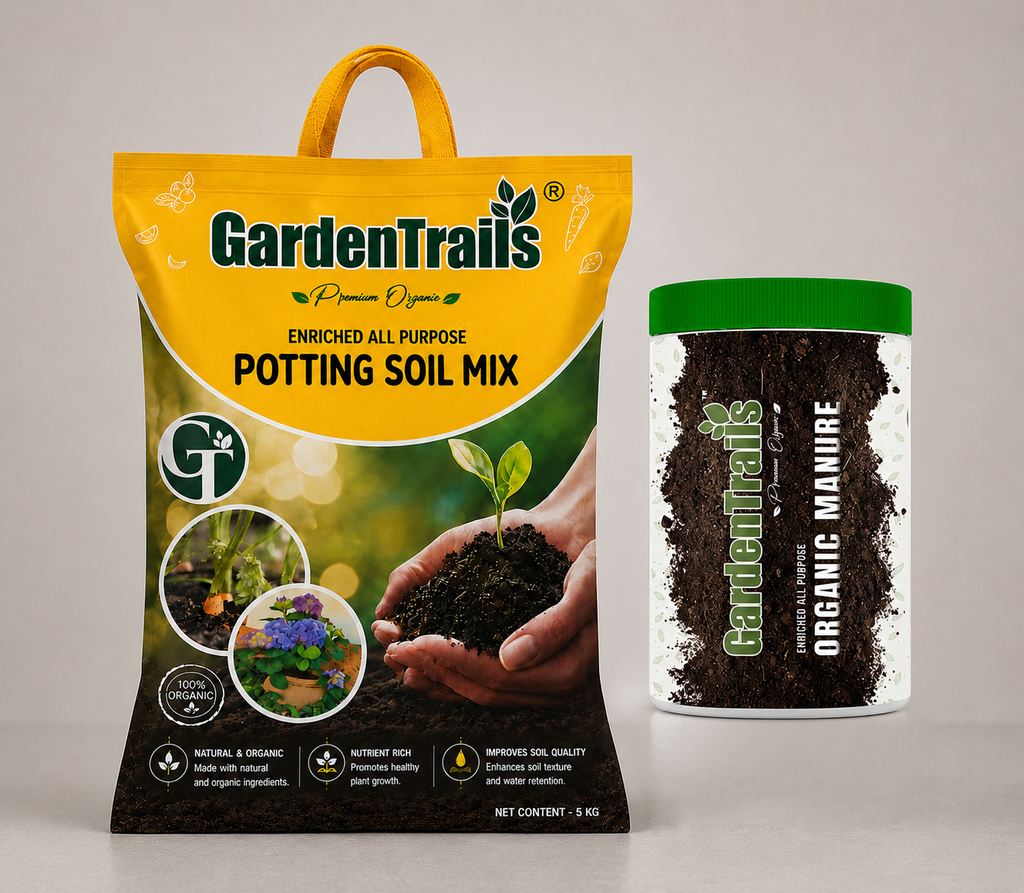 GardenTrails potting soil mix bag and organic manure container on a light gray background