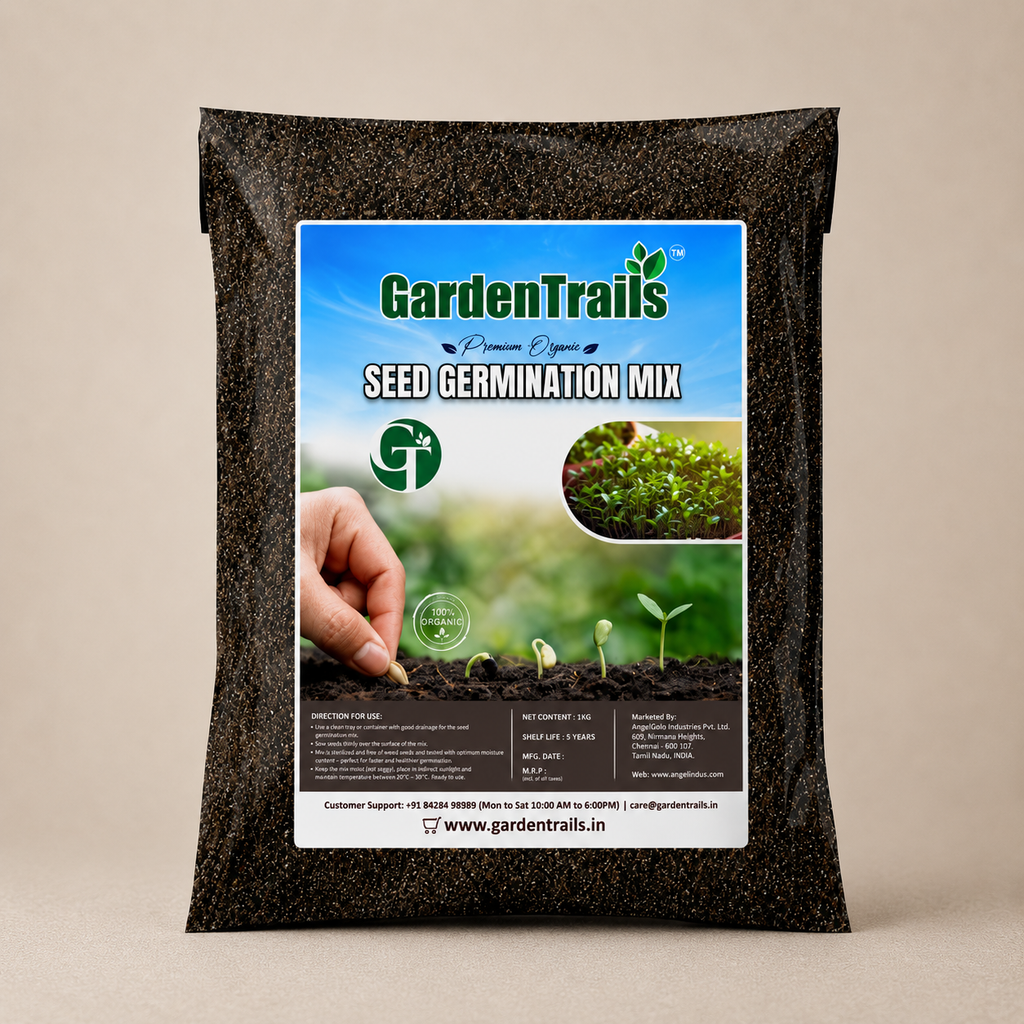 Bag of Garden Trails seed germination mix on a beige background