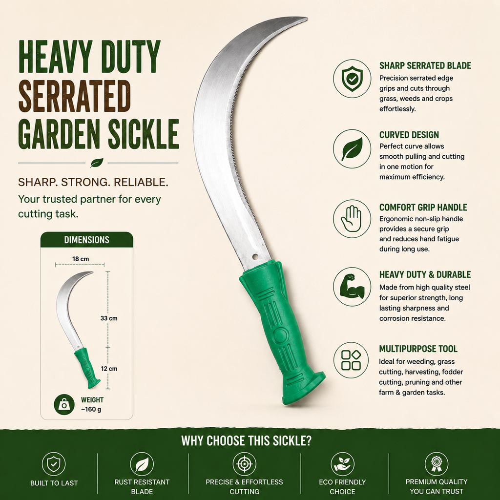 Heavy-duty serrated garden sickle with green handle on beige background