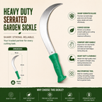Heavy-duty serrated garden sickle with green handle on beige background
