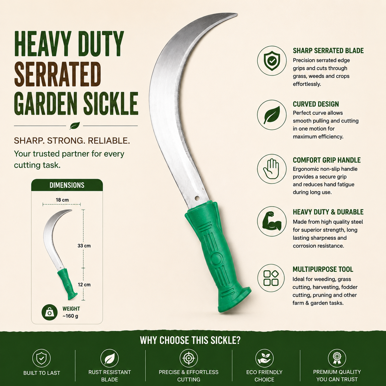 Heavy-duty serrated garden sickle with green handle on beige background