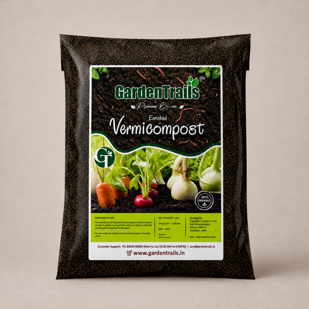Bag of Garden Trails vermicompost with a label on a beige background
