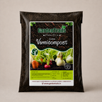 Bag of Garden Trails vermicompost with a label on a beige background