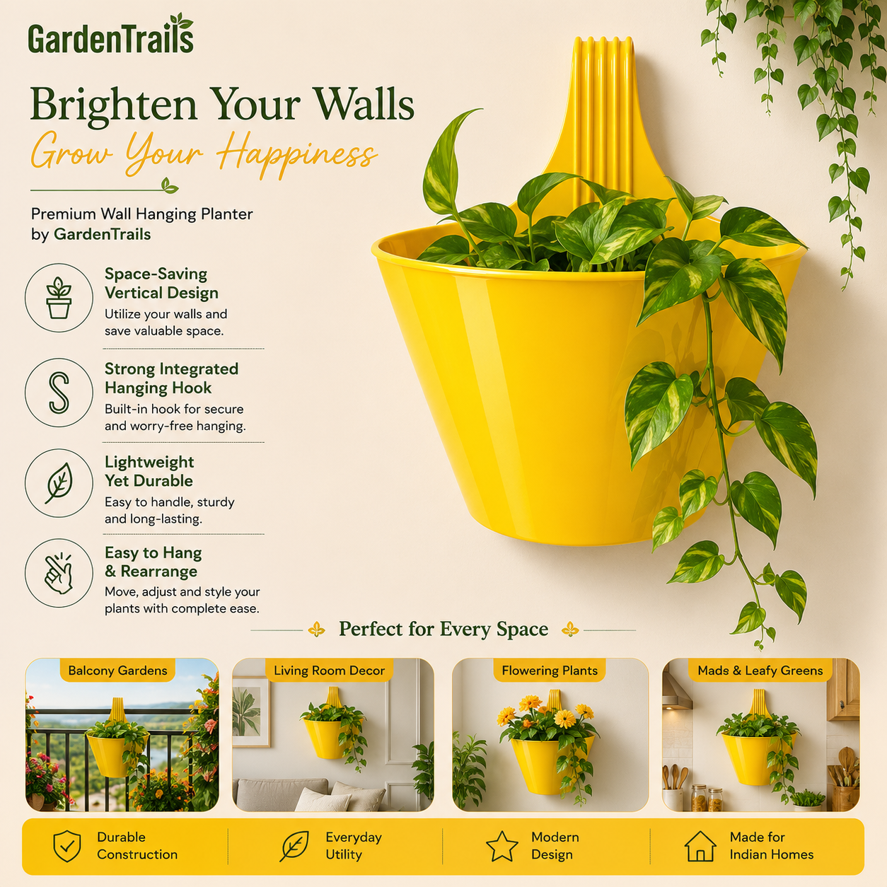 GardenTrails Hanging Balcony Planter | Modern Railing Pot for Home & Garden - Yellow